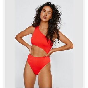 Nasty Gal Swimsuit Size 10 Red Ribbed One Shoulder Cut Out One Piece Bikini